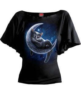 Spiral Velvet Moon Boat Neck Bat Sleeve Top Black